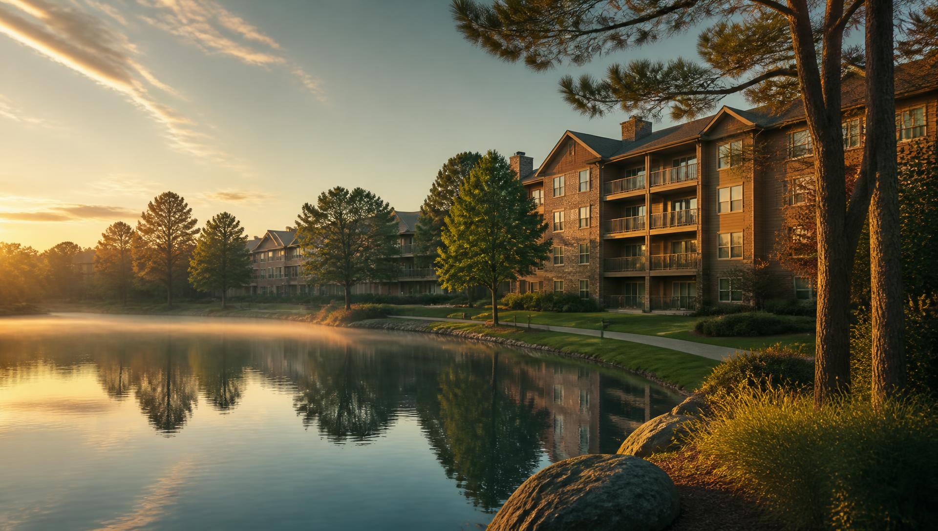 Lakeside apartment community at sunrise